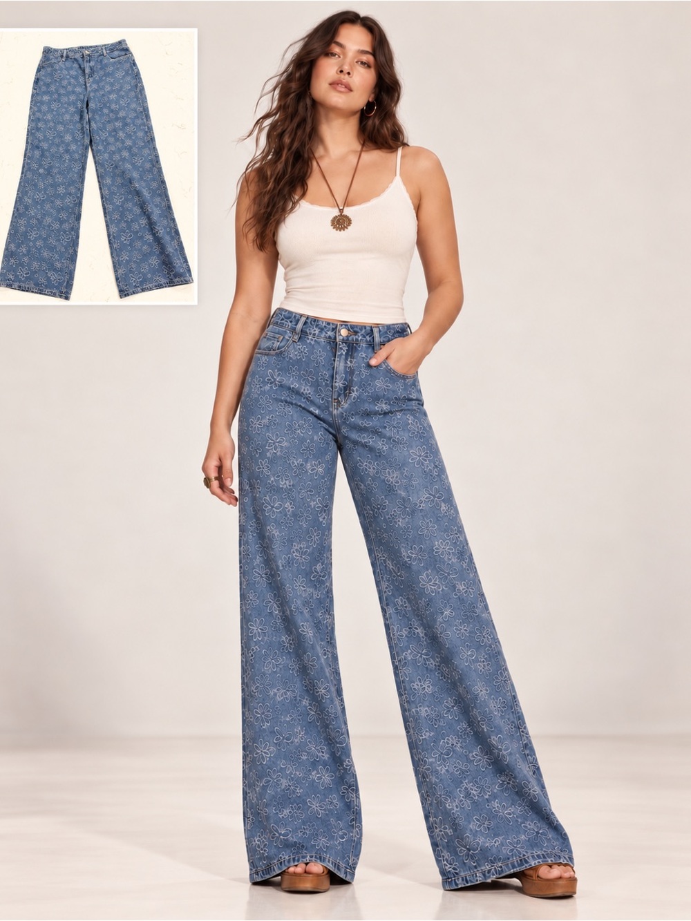 Le Lis Blue Floral Wide-Leg Jeans Boho 90’s